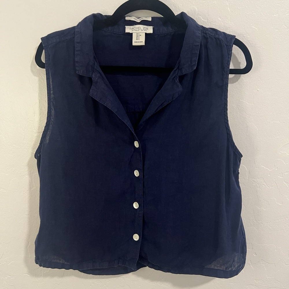 Rachel Zoe Sleeveless Button-Front Linen Top in Navy